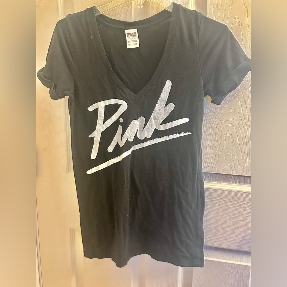 PINK Script Logo Black V-Neck Tee - S NWOT